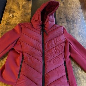DKNY Women's Burgundy Hooded Puffer Jacket